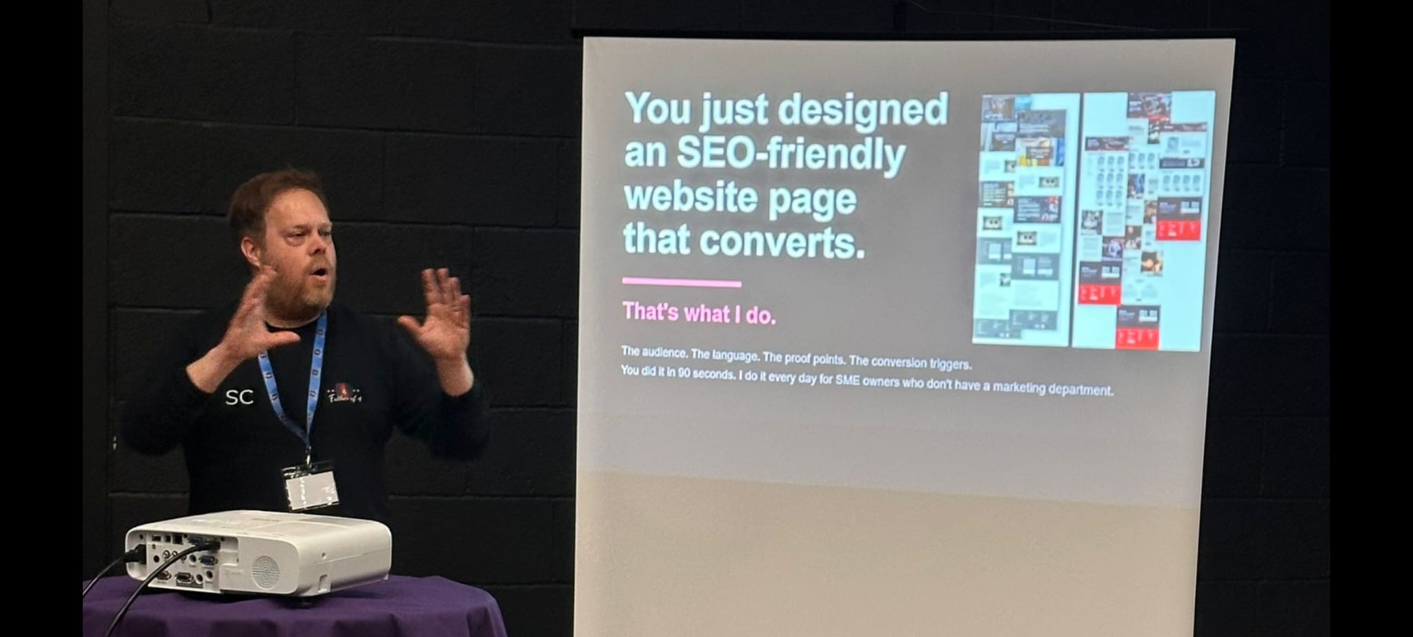 Spike running an SEO workshop