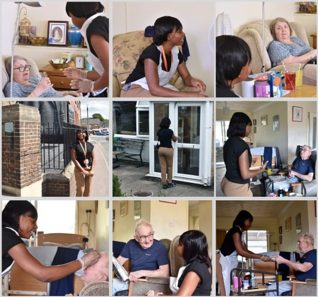 A grid of nine real photographs of a Right at Home carer in clients' homes, in Shepshed town centre, and at the front door